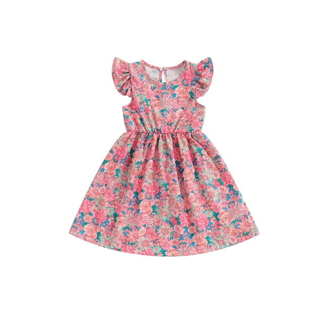 EYIIYE Robe Midi d'Été pour Petite Fille 1T-8T, Robe Trapèze à Manches Volantées pour Tout-Petit, Imprimé Floral, Col Rond, Robe Décontractée, Col Rond, Robe de Princesse à Fleurs pour Fête, Mode pour Enfants, Vêtements Mignons pour les Vacances