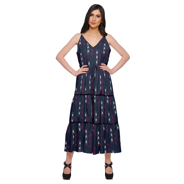 Moomaya Robe Longue Maxi pour Femmes en Coton Imprimé à Bretelles Spaghetti et Col en V
