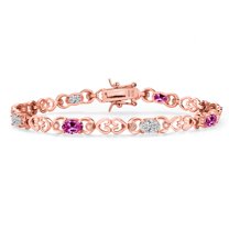 Gem Stone King 18K Rose Gold Plated Silver Pink Created Sapphire and Lab Grown Diamond Bracelet for Women | 4.01 Cttw | Gemstone September Birthstone | Oval 6X4MM | Length 7.25 inches