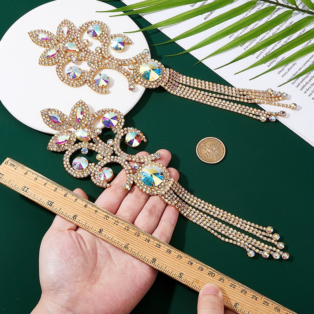 2PCS Rhinestone Applique Patches Tassel Rhinestone Patches Gold Tassel Epaulettes Glitter Shoulder Appliques Sew on Patch Costume Accessories DIY