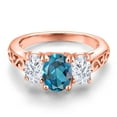 thumbnail image 3 of Gem Stone King 18K Rose Gold Plated Silver London Blue Topaz and White Moissanite Filigree Style 3 Stone Ring for Women (2.50 Cttw, Oval 8X6MM and 6X4MM) (Size 8), 3 of 6