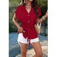 thumbnail image 3 of Dycnvjo Womens Button Down Blouses V Neck Casual Peplum Summer Tops Dressy Work Blouse Claret M, 3 of 8