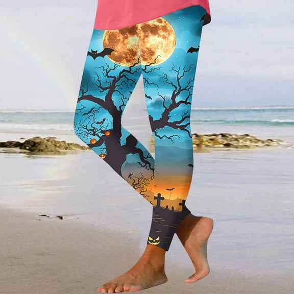 YOIAVAIOY Womens Novelty Halloween Leggings Black Cat Ghost Pumpkin Print Workout Fitness Running Tights Buttery Soft Ankle Length Yoga Pants Blue M