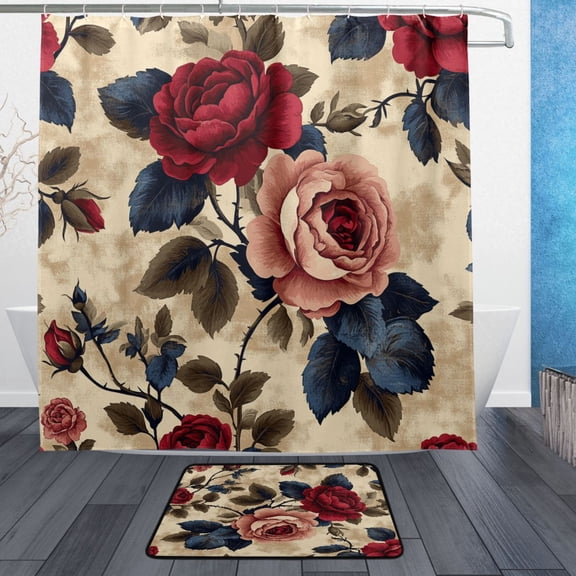 BZSMCE Shower Curtain and Bath Accessory Set,Vintage Floral Elegance Pattern