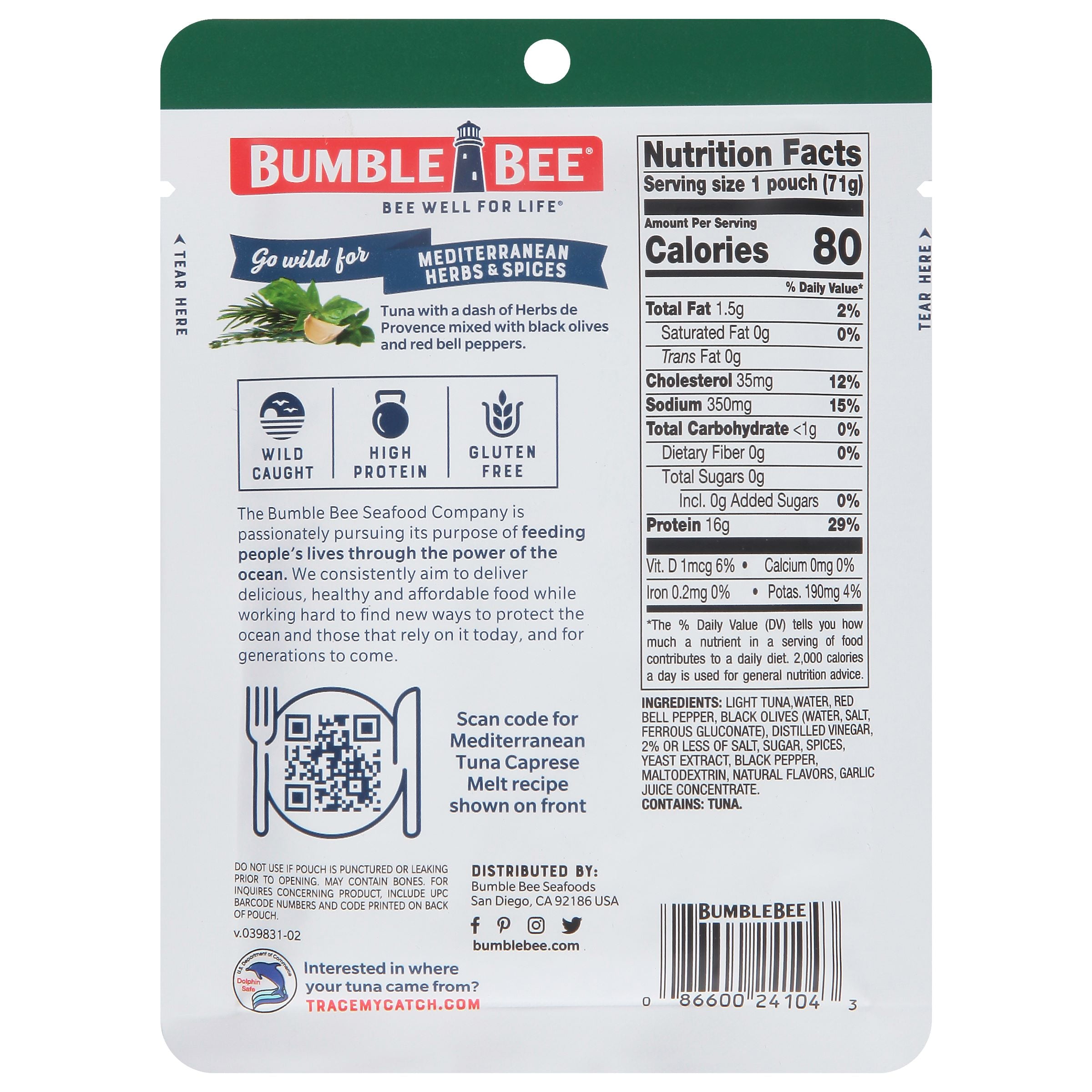 (12 pack) Bumble Bee Mediterranean Herbs & Spices Seasoned Light Tuna, Wild Caught, Gluten Free, 14g Protein per Serving, Ready to Eat, Shelf Stable Pouch, 2.5 oz