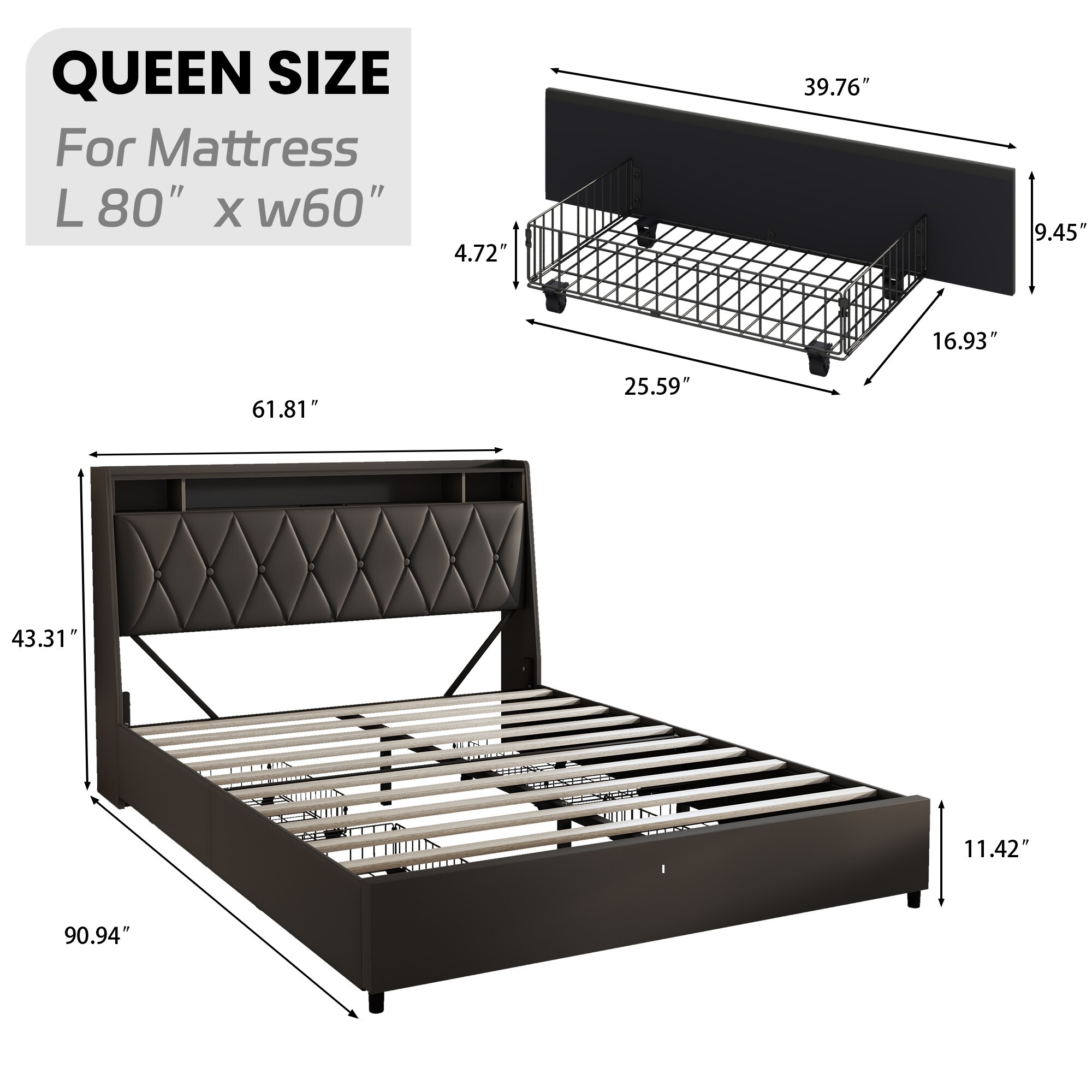 AENKYO Queen Size Bed Frame with LED Lights, Upholstered Storage Headboard & 4 Drawers, and Built-in Charging Station, Black
