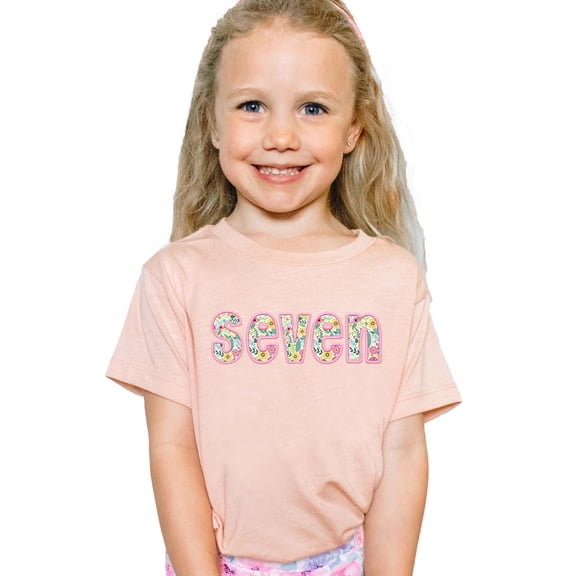 Seven Ink-Printed Pink Embroidered Seventh Birthday Shirt for Girls Floral Age 7 Birthday Outfit Peach Shirt Youth Large