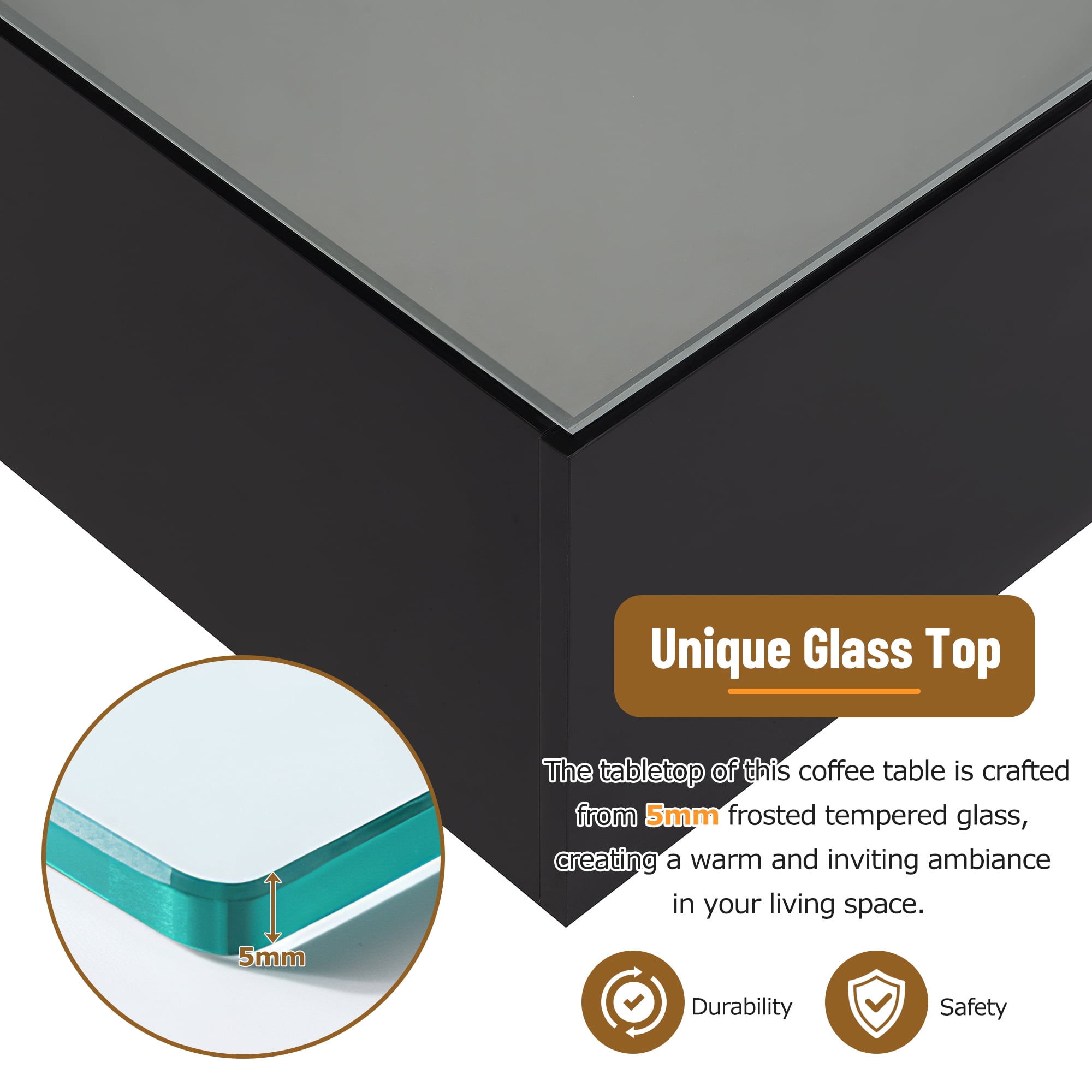 MAYEERTY Square High Glossy Coffee Table with 16-Color LED Strip Lights, Modern Center Table with 5mm Frosted Tempered Glass Top for Living Room, Black, 27.5*27.5in
