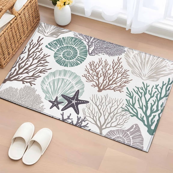 Coastal Coral Entryway Rug 2'x3' Non Slip Front Door Mats, Nautical Ocean Beach Conch Shells Starfish Entrance Rugs Indoor Outdoor Carpet, Washable Floor Mats Small Area Rug for Bedroom Kitchen