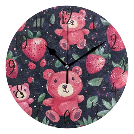 WOBOGO Cute Strawberry Bear Wall Clock 10in Silent Mechanism Battery Operated Retro Style for Living Room Bedroom and Kitchen Black Pointer