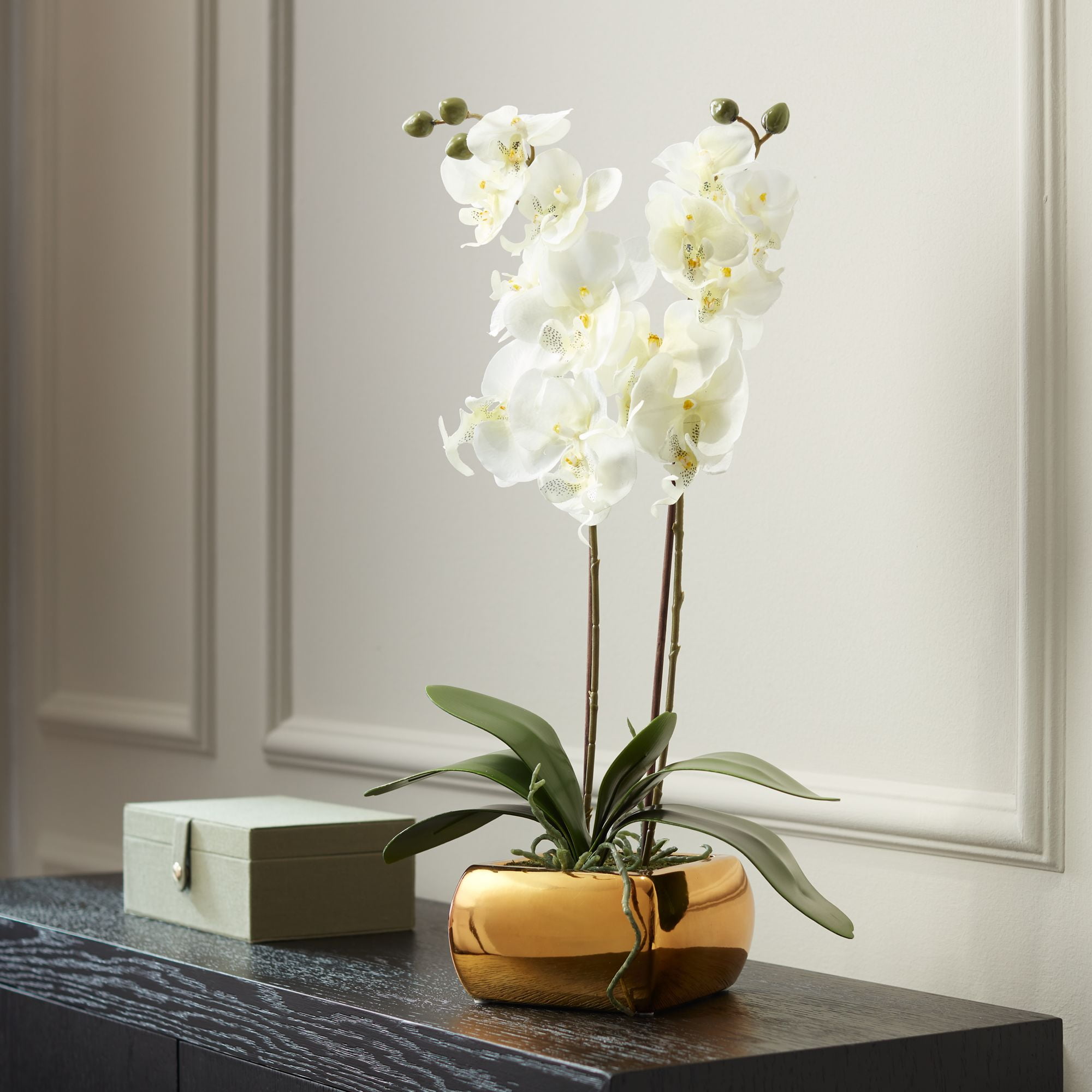 Dahlia Studios Potted Faux Artificial Flowers Realistic White Orchid Greenery in Gold Ceramic Pot for Home Decoration 22" High