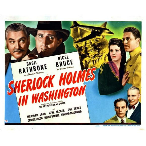 Everett Collection EVCMSDSHHOEC021H Sherlock Holmes In Washington Nigel Bruce Basil Rathbone Marjorie Lord John Archer Gavin Muir George Zucco 1943 Movie Poster Masterprint, 14 x 11