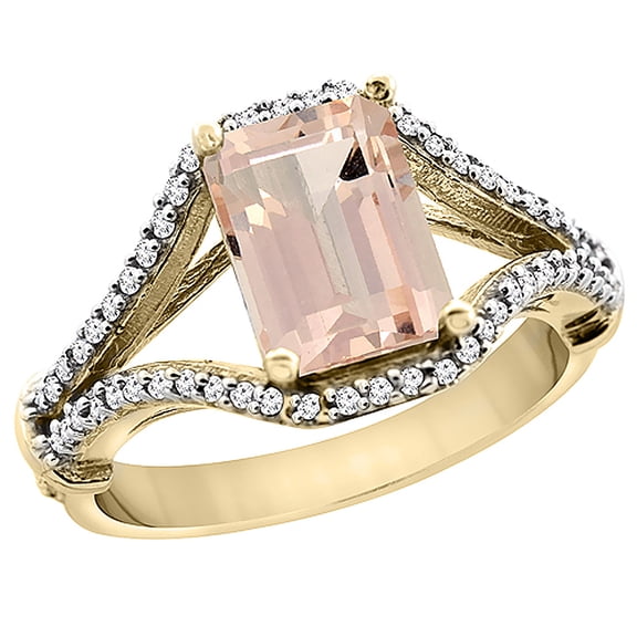14K Yellow Gold Natural Morganite Ring Octagon 8x6 mm with Diamond Accents, size 9