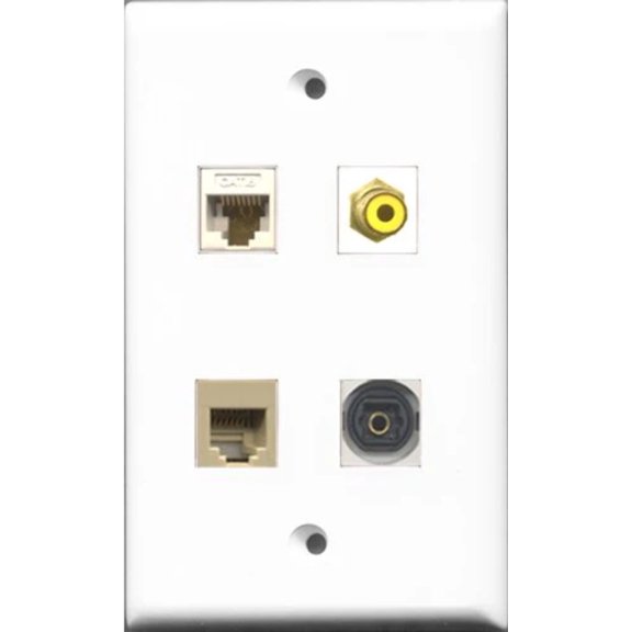 RiteAV 1 Port RCA Yellow and 1 Port Phone RJ11 RJ12 Beige and 1 Port Toslink and 1 Port Cat6 Ethernet White Wall Plate