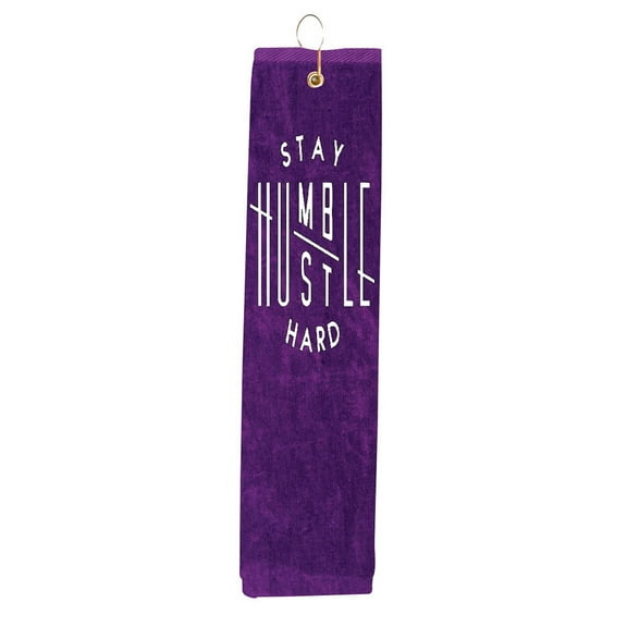 Stay Humble but Hustle Hard Purple Tri-fold Golf Towel With Grommet & Hook Club Ball Tee Golfing Gift Birthday 15" x 18"