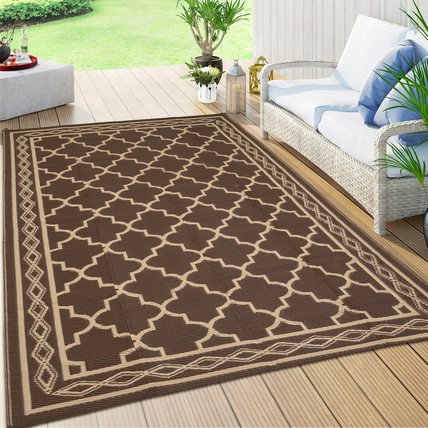 Hasoo 10' x 14' Brown Outdoor Rug for Patio Decor Waterproof Plastic Straw Modern Geometric Carpet PP Tube Woven Portable Camping Mat for Picnic Balcony