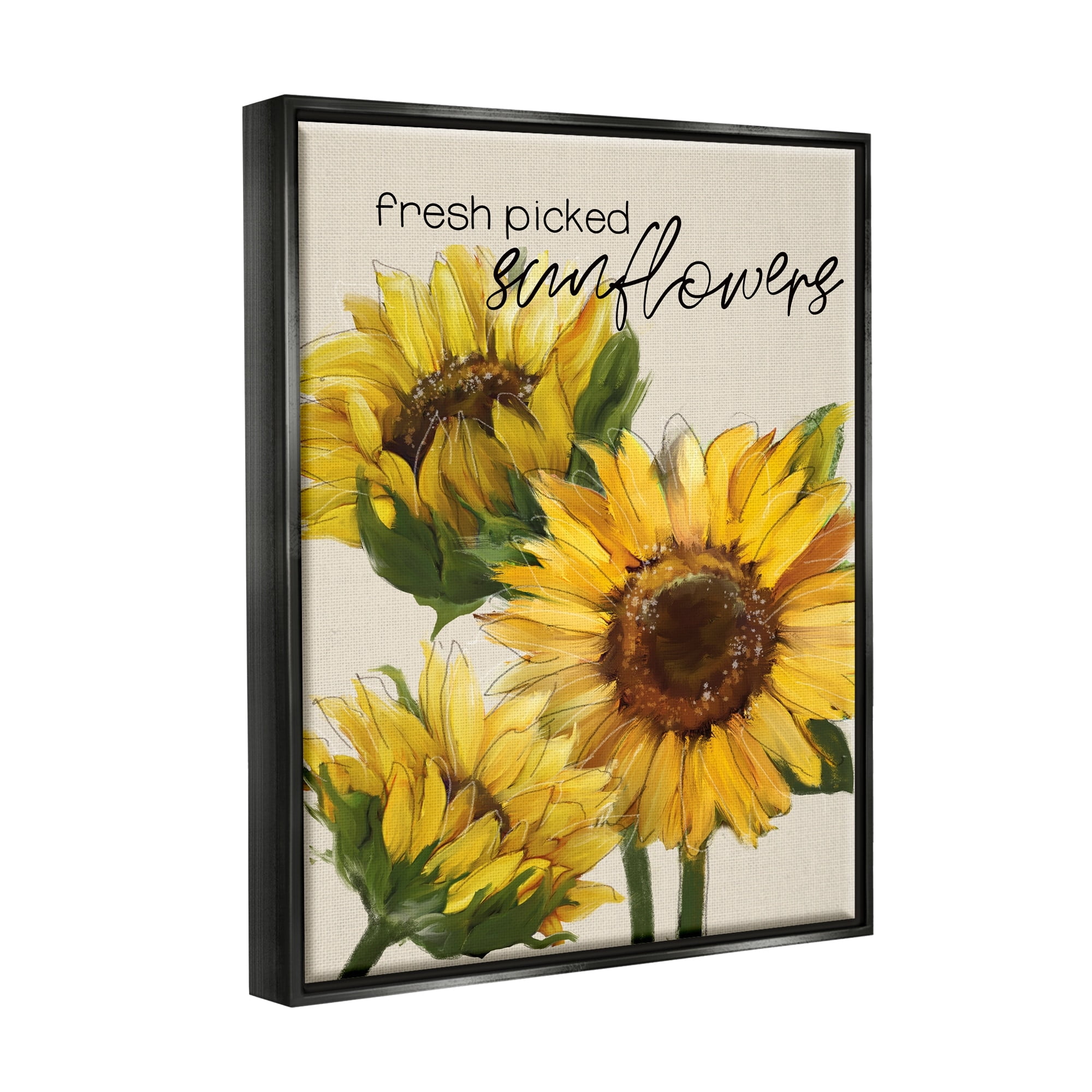 Stupell Industries Fresh Picked Sunflowers Calligraphy Vivid Yellow Blossoms Graphic Art Jet Black Floating Framed Canvas Print Wall Art, Design by Conrad Knutsen