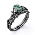 thumbnail image 3 of JeenMata Art Deco Filigree Milgrain - 1.5 Carat Egg Cut Genuine Dendritic Moss Green Agate and Moissanite - Beautiful Leaf Bridal Ring Set - 18K Black Gold Plating over Silver, 3 of 7