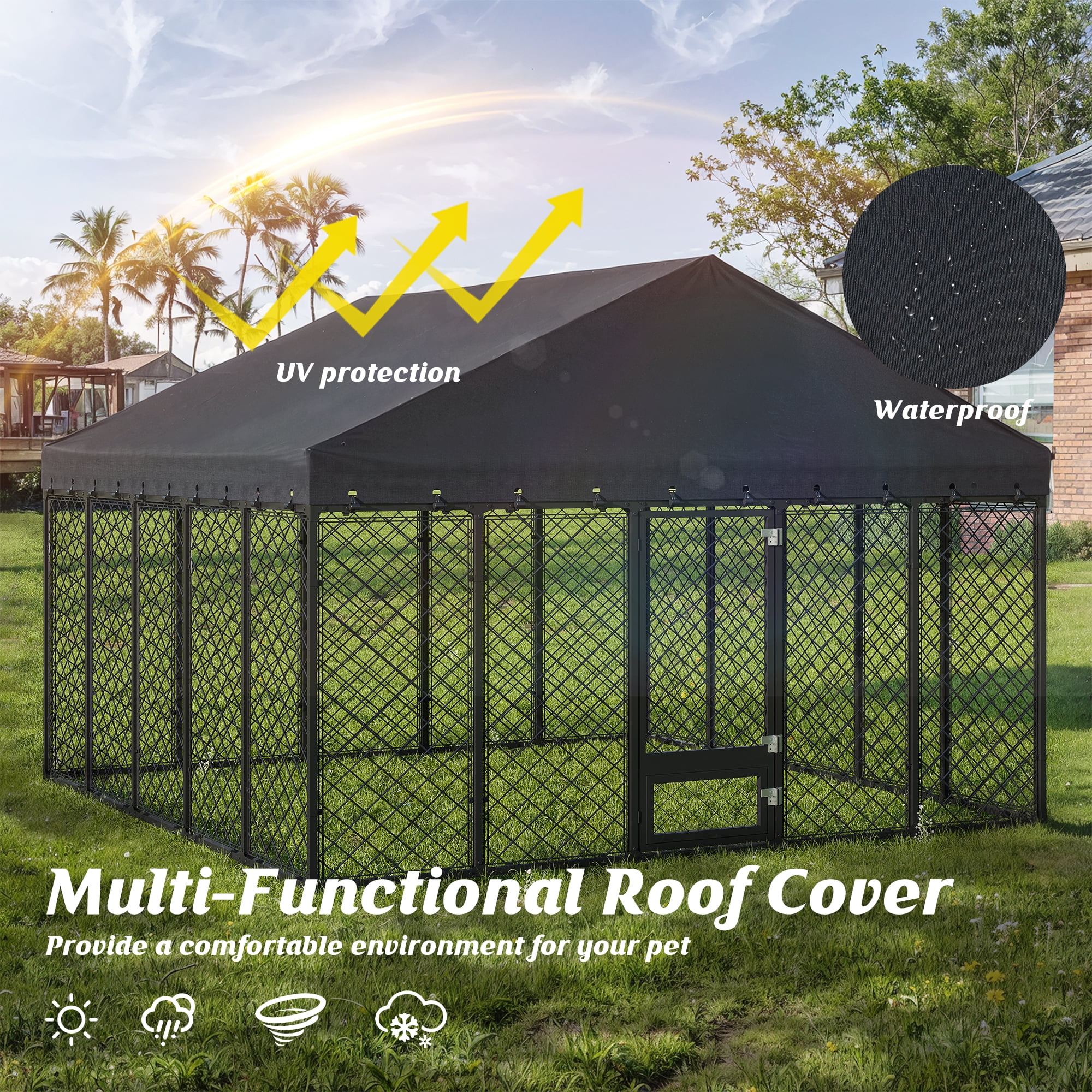 10×10 ft Heavy-Duty Outdoor Dog Kennel with Roof, Weather-Resistant Metal Enclosure with Double-Lock Door