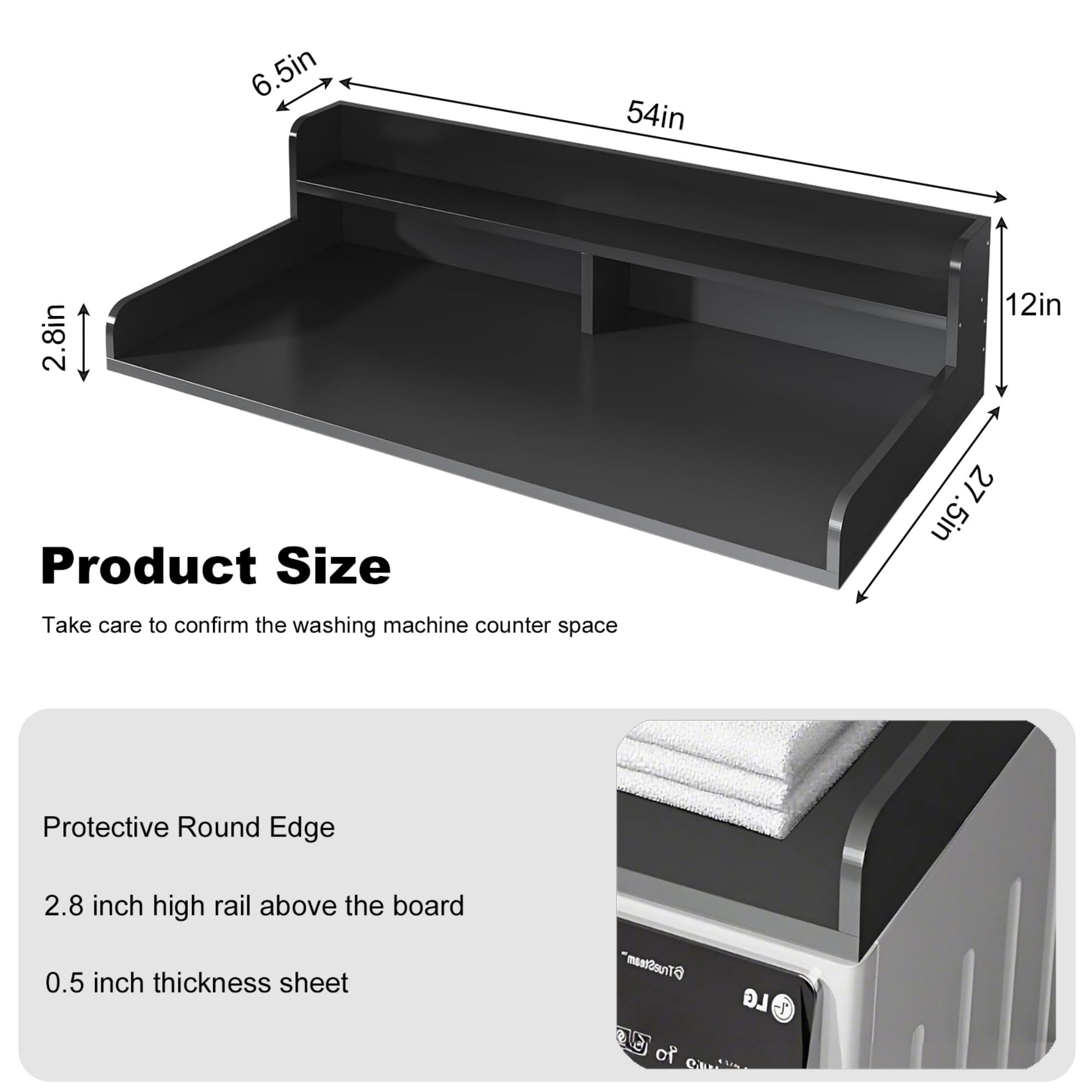 Washer Dryer Countertop,2-Tier Laundry Countertop Cover,Large Space Laundry Topper for Folding Clothes Over Washer and Dryer,54" W x 27.5" D,Black