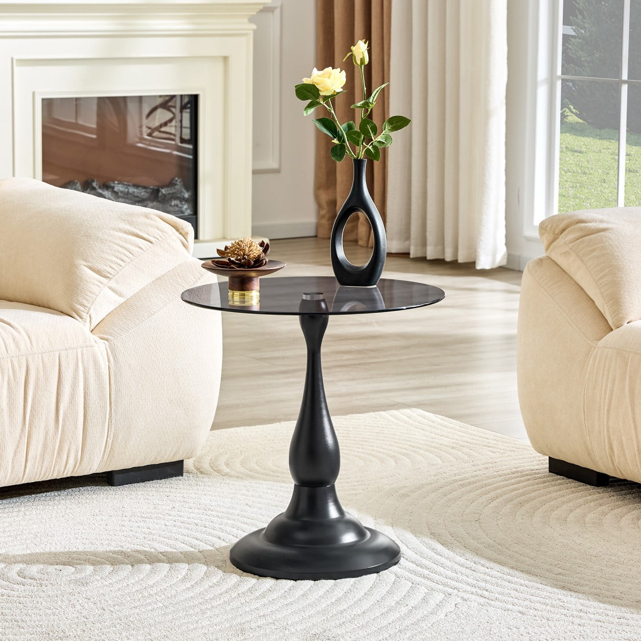 19.6" Round Side Table, Black Tempered Glass Top with Gray Metal Base, Modern End Table, Nightstand, Sofa Table for Living Room Bedroom