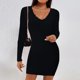thumbnail image 2 of Vestido cruzado con cuello en V de color sólido informal de manga larga para mujer Pompotops  hdfakjf8139, 2 of 8