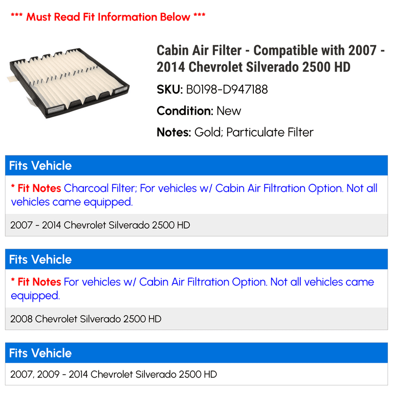 Cabin Air Filter Compatible with 2007 2014 Chevy Silverado