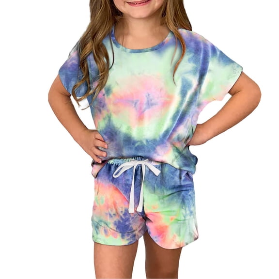 Girls Boys Summer Outfits Cute Tie-Dye T-Shirt and Drawstring Shorts Set with Side Pockets Blue 3-4 Years