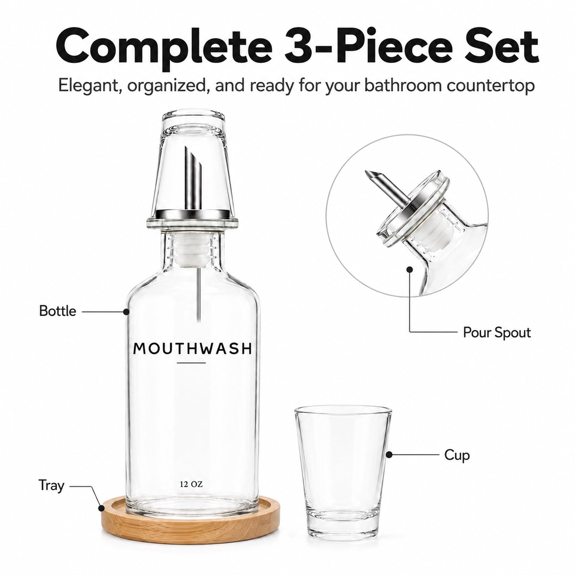 Clear Glass Mouthwash Dispenser Set with Cup and Bamboo Tray, 12 oz Bathroom Countertop Accessory