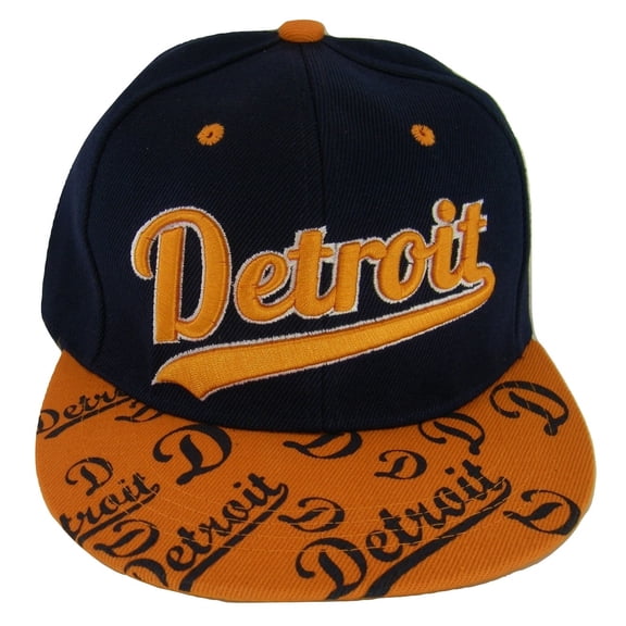 Detroit Script Print on Bill Adjustable Snapback Baseball Cap (Navy/Orange)