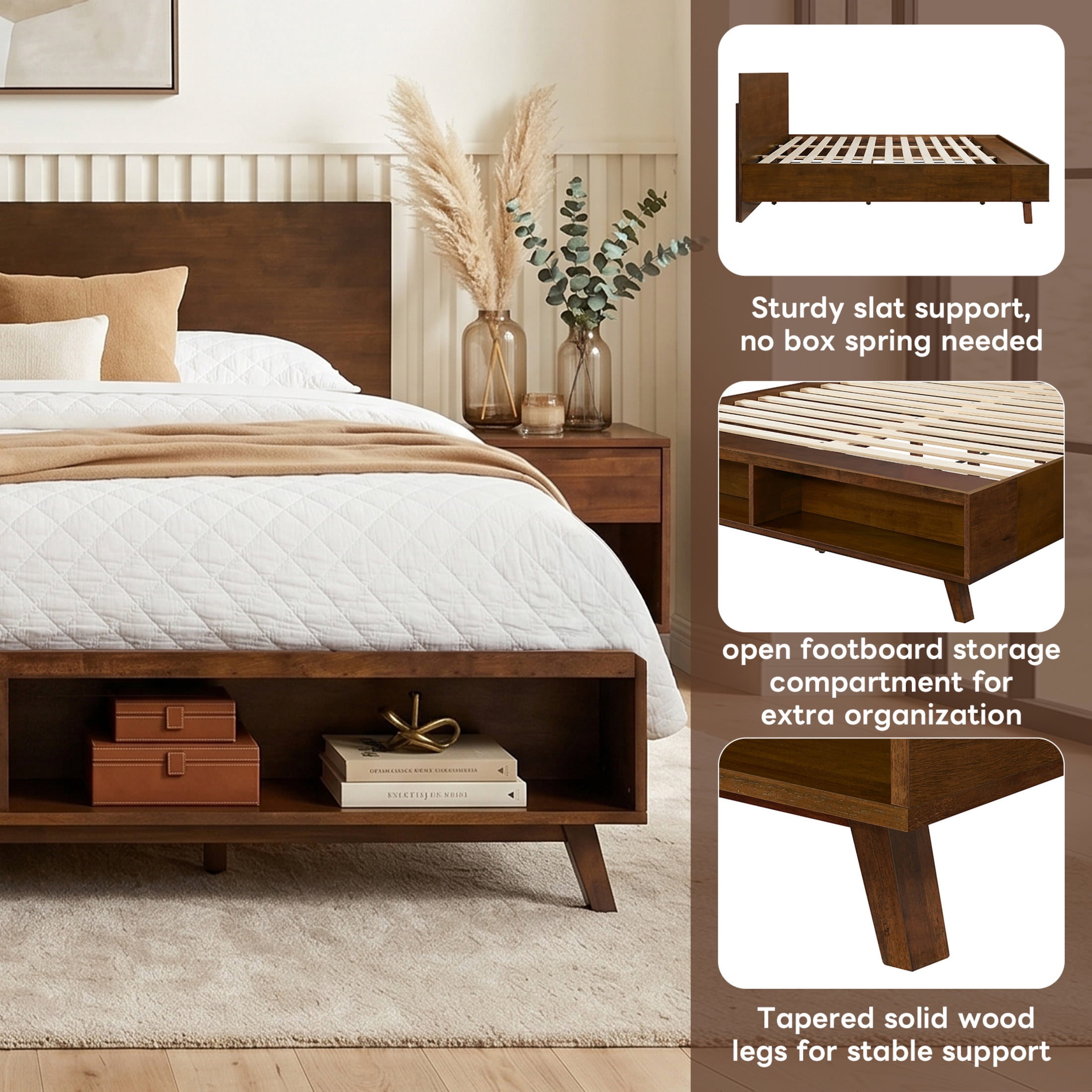 Christopher Knight Home Solid Wood Platform Bed Frame with Footboard Storage Space, Queen, Walnut