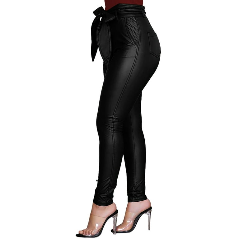 Faux Leather Leggings for Women Tummy Control Stretch High Waist Pleather  Pants with Thin Fleece Lined 