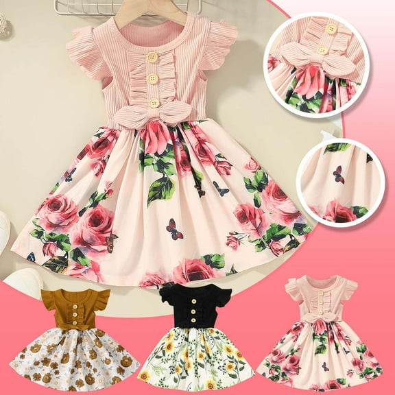 Jinhomg Sleeveless Dresses for Toddler Girls Trendy Floral Print Patchwork Dress Summer Comfy Ruffle Sleeveless Midi Dresses Black 12-18 Months