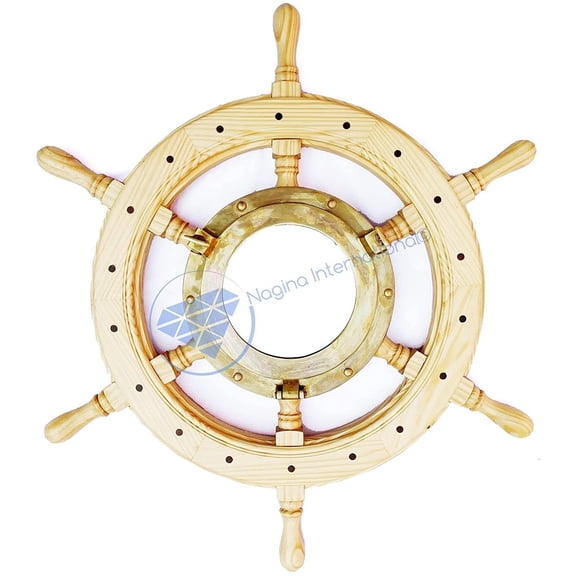 Wooden Ship Wheel Pine Wood - Mounted Solid Brass Antique TB Porthole Mirror - (18 Inches)