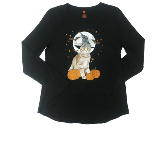 Womens Happy Halloween Witch Kitty Cat Long Sleeve Tee Shirt Sparkly T-Shirt