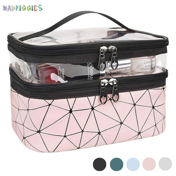 BadPiggies Makeup Bag Double layer Travel Cosmetic Cases Waterproof Make up Organizer Toiletry Bags Clear Upper layer (Pink)