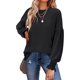 thumbnail image 3 of Camisa informal de punto holgado con cuello redondo y mangas largas con volantes para mujer, color negro, 3 of 6