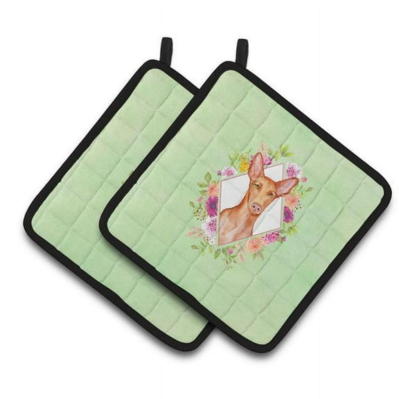 7.5 x 7.5 in. Pharaoh Hound Green Flowers Pair of Pot Holders