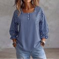 thumbnail image 3 of Uootdi Cute Summer Tops Square Neck 3/4 Bubble Sleeve Half Henley Placket Vertical Stripe Print Soft Woven Womens Shirts Loose Fit Airy Comfortable Womens Tees, 3 of 8
