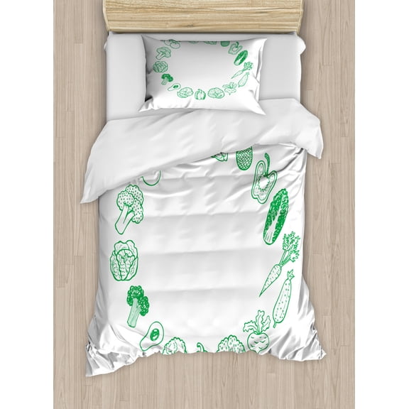 Vegetable Art Twin Size Duvet Cover Set, Fresh Green Circle of Eggplant Tomato Avocado Carrot Frame Health, Decorative 2 Piece Bedding Set with 1 Pillow Sham, Hunter Green White, by Ambesonne