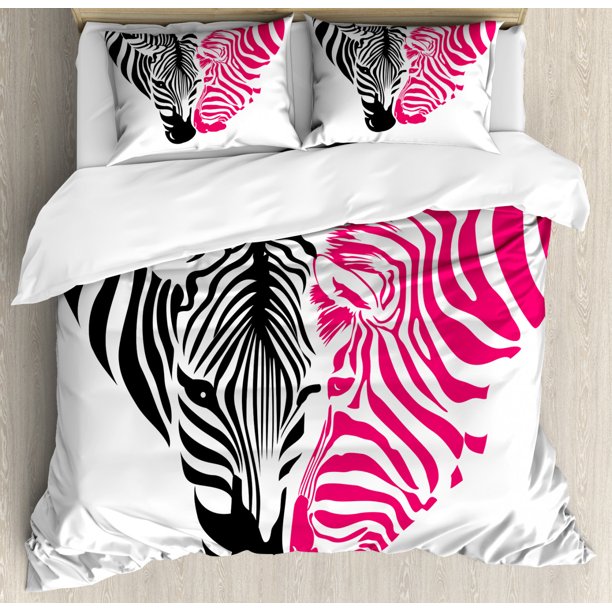 Pink Zebra Queen Size Duvet Cover Set, African Zebra Couple Heads in