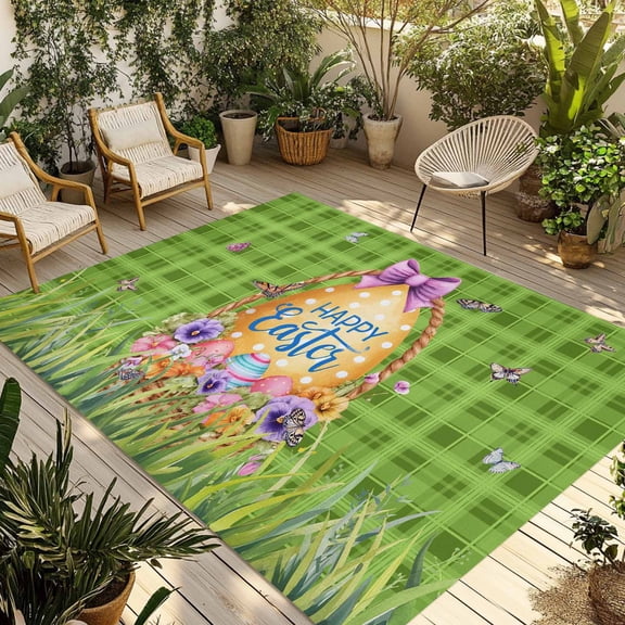 Green Happy Easter Outdoor Rug for Patio/Deck/Porch, Non-Slip Large Area Rug 6 x 9 Ft, Spring Easter Eggs Floral Plaid Indoor Outdoor Rugs Washable Area Rugs, Reversible Camping Rug Carpet Runner