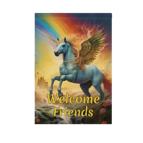 Unicorn Flying Rainbow and Flower Garden Flag House Banner 12" x 18" Double Sided Outdoor Yard Decoration