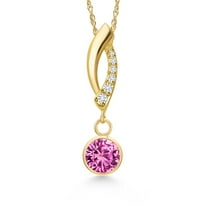 Gem Stone King 14K Yellow Gold Pink Created Sapphire and Lab Grown Diamond Pendant Necklace for Women | 1.03 Cttw | Gemstone September Birthstone | Round 6MM | With 18 inch Chain