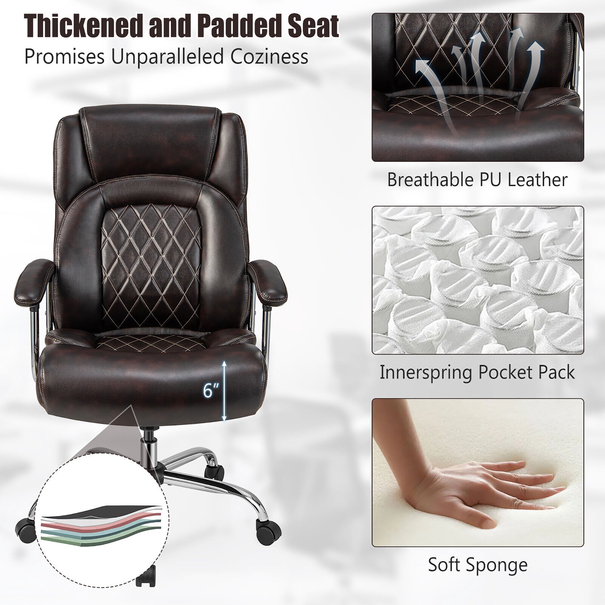 Gymax 500LBS High Back Big & Tall Office Chair Adjustable Leather Task Chair Brown