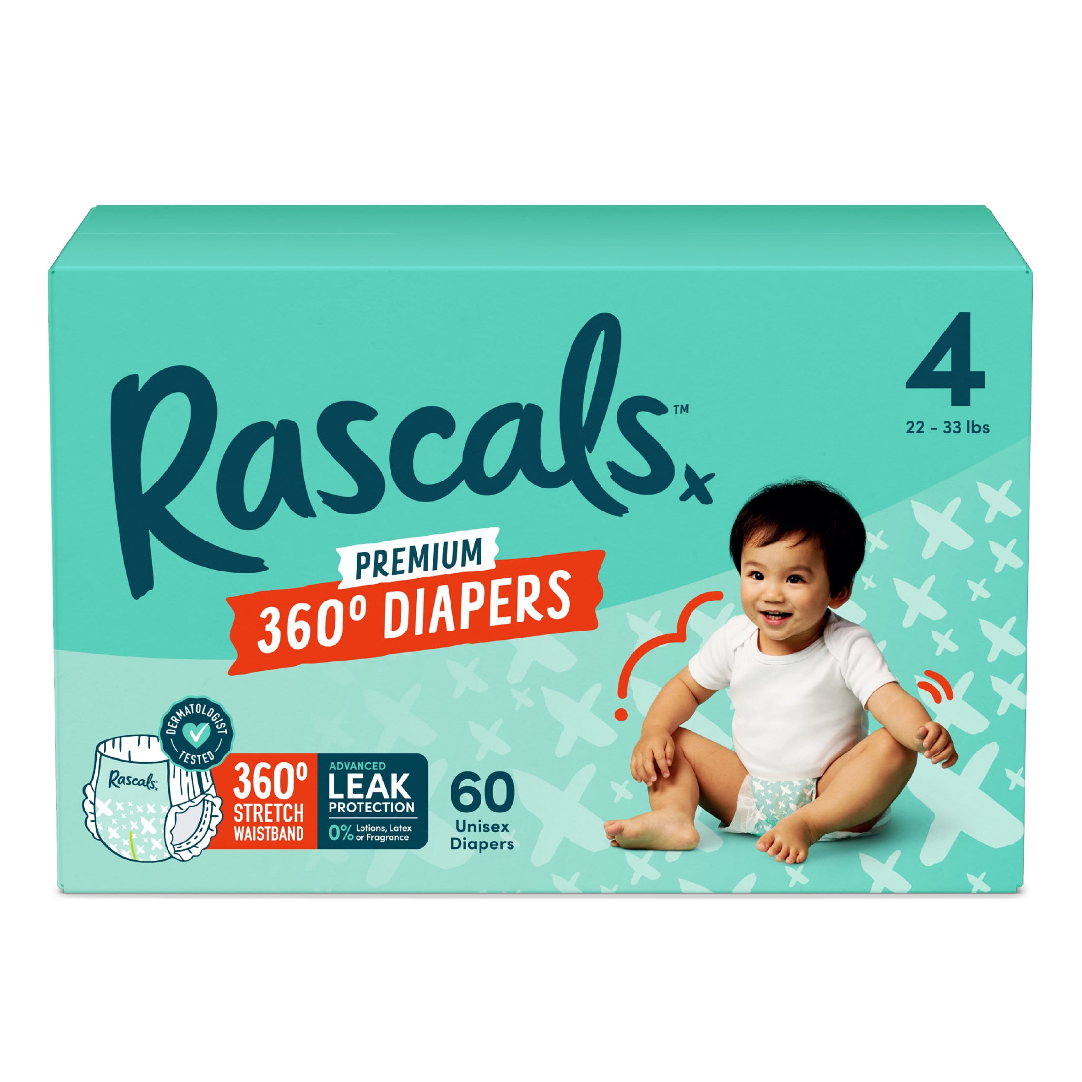 Rascals Premium 360 Absorbent Pull-On Diapers, Size 4, 60 Count