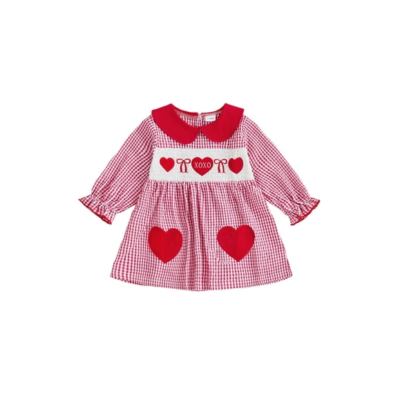 BemeyourBBs Toddler Baby Girl Valentines Day Red Dress Outfit Bow Heart Letter Embroidery Doll Collar Long Sleeves A Line Spring Dress