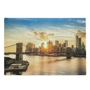 New York Cutting Board, Cityscape of Brooklyn Bridge and Manhattan River Center of Culture Photo, Decorative Tempered Glass Cutting and Serving Board, Large Size, Multicolor, by Ambesonne