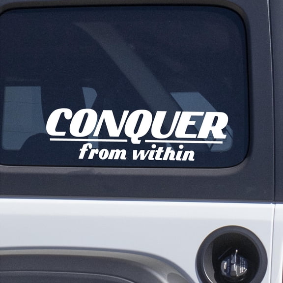 Conquer from Within Vinyl Lettering Wall Decal Sticker Wall Decals Gym Decor Size: 6" H x 21.5" L - Color: White