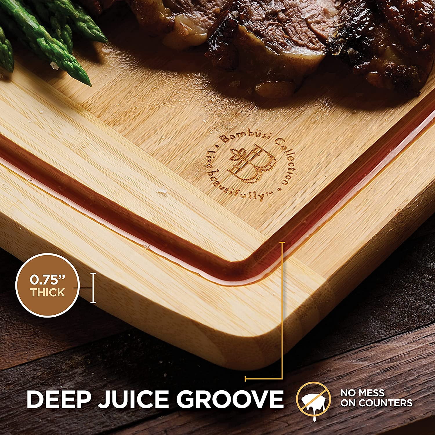 Bamboo Cutting Board, Large Wooden Chopping Board with Juice Groove & Handles, Serving Tray for Meat, Vegetables, Fruit, Cheese & Charcuterie, 18" x 12"